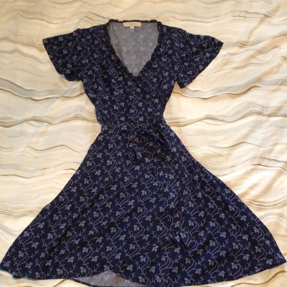 LOFT Navy Print Wrap Dress Ruffle Detailed Collar